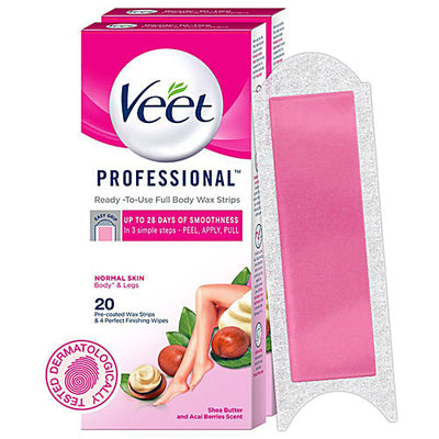Veet Professional Waxing Strips Kit for Normal Skin, 20 Strips Pack of 2 Gel Wax Hair Removal for Women Up to 28 Days of Smoothness No Wax Heater or Wax Beans Required