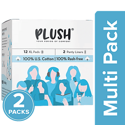Plush 100% Pure US Cotton Ultra-Thin Sanitary Pads, 12 XL pads & 2 Panty Liners