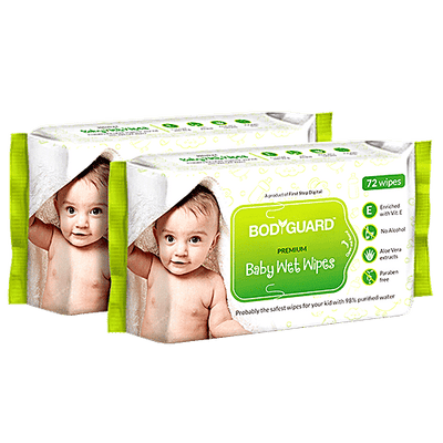 Bodyguard Baby Wet Wipes with Vitamin E & Aloe Vera, 72 Wipes/Pack (Pack of 2) | Alcohol Free | Paraben Free