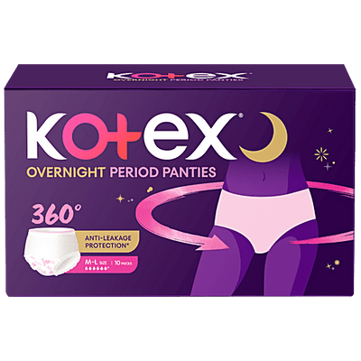 Kotex Overnight Period Panties - 360 Degree Anti-Leakage Protection, M/L