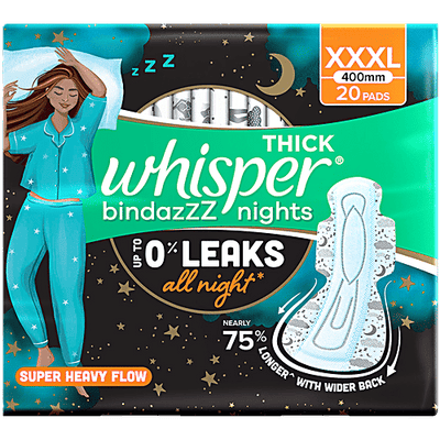 Whisper Bindazzz Nights Sanitary Pads - Wider Back, Up To 0% Leak, Provides All Night Protection, XXXL