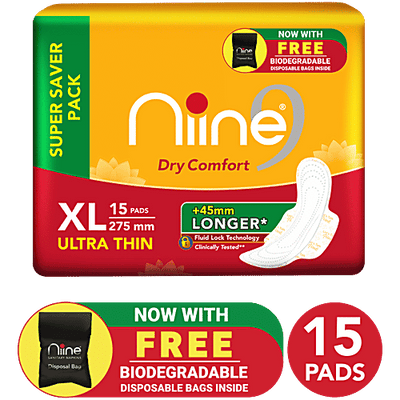 Niine Dry Comfort Sanitary Napkins - XL, Ultra Thin, Dry & Fresh Feel, Anti Odour