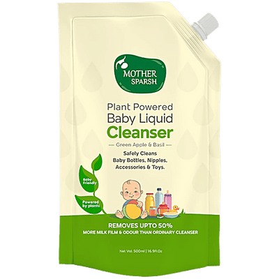 Mother Sparsh Natural Baby Liquid Cleanser - Green Apple & Basil, Plant-Based, Removes Milk Stains, Odours