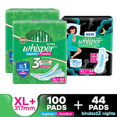 Whisper Ultra Clean Sanitary Pads With Hygiene Protection, XL+ & Bindazzz Nights Sanitary Pads All Night Long, XL+
