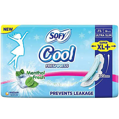 Sofy Cool Freshness Sanitary Pads - Menthol Fresh, Ultra Slim, Prevents Leakage, Super XL+