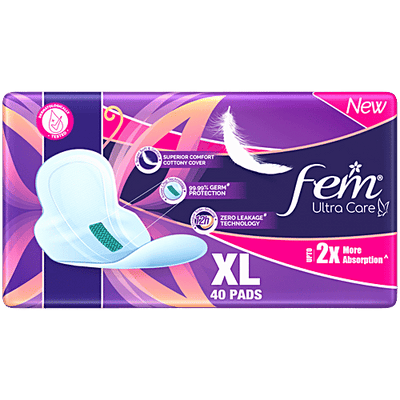 Fem Ultra Care Sanitary Pads - XL, With Wings, Cottony Cover, 2X More Absorption