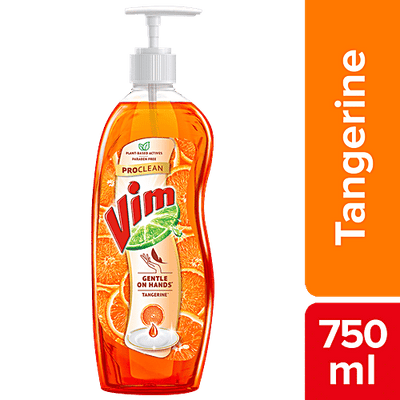 Vim ProClean Dishwash Liquid With 100% Plant-Based Actives & Tangerine Freshness, Gentle On Hands, Parabens & Phosphate Free