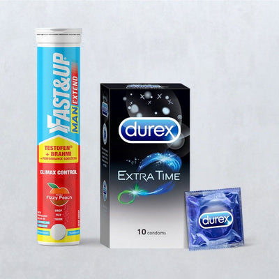 Fast&Up Man Extend -Delays Climax & Boosts Stamina-Arginine,TestofenÂ®,Shatavari,Citrulline- Fizzy Peach-20 Days Servings 20 PIECE & Durex Extra Time Condom - Long-Last Condoms 10 PIECE