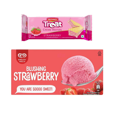 Kwality Wall'S Strawberry Tub(700ml) & Britannia Treat Creme Wafers Strawberry Flavoured Wafer Biscuit(55gms) Combo
