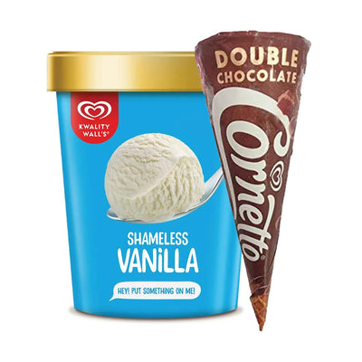 Kwality Wall's Shameless Vanilla Tub(700ml) & Kwality Wall's Cornetto Double Chocolate Cone(105ml) Combo