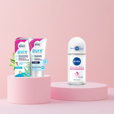 Veet Pure Hair Removal Cream - Sensitive Skin(50gms) & Roll-On Whitening Floral 50(50ml) Combo